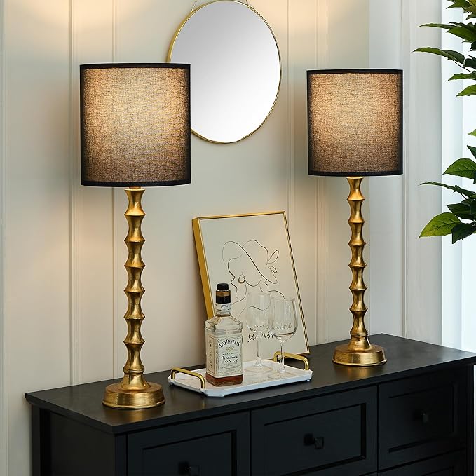 30.5" Gold Buffet Lamps Set of 2 with Black Shade, Buffet Table Lamps Set of 2 for Living Room, Black Golden Lamp for Dining Room, Golden Bamboo Lamps for Credenza
