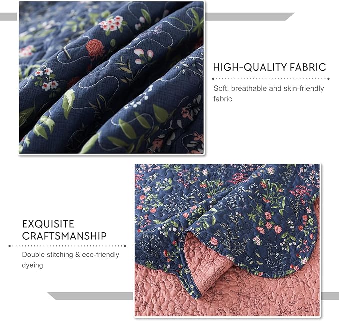 Travan 3-Piece Quilt Set Quilted Bedspread Lightweight Coverlet Set Garden Style Floral Printed Oversized Quilted Bedding Set for All Season, Blue Flower Sea, King Size