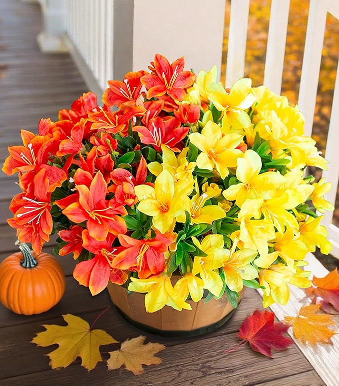Artificial Fake Fall Flowers for Outdoors 3 Bundles Silk Azalea Flower Faux Plants UV Resistant Realistic Flowers for Outside Planter Porch Patio Yard Garden Walkways Home Decor (Orange+Yellow)