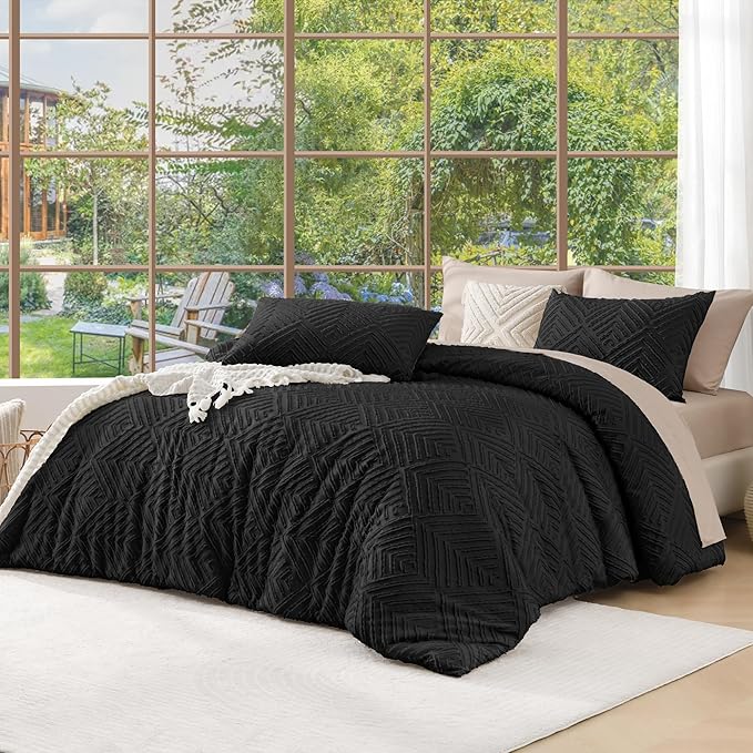 Andency Black Comforter King Set, 3 Pieces Boho Bedding Set & Collections, Farmhouse Tufted Fluffy Bedding Comforter Sets for King Bed (1 Comforter 104x90In, 2 Pillowcases)