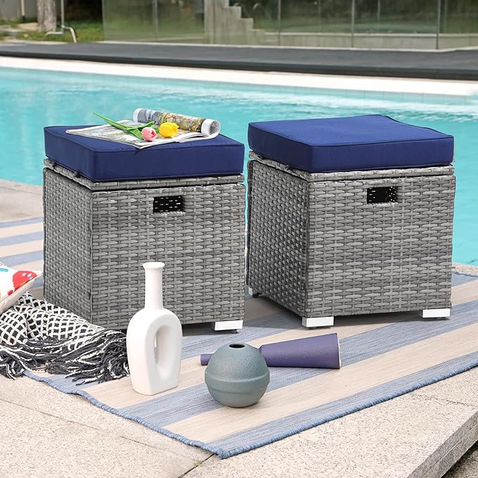 Patiorama 2 Piece Outdoor Patio Ottomans,All-Weather Grey PE Rattan Wicker Ottoman with Storage,Outdoor Footrest Footstool Seat w/Thick Cushion,Built-in Handle for Backyard Poolside Porch (Navy Blue)