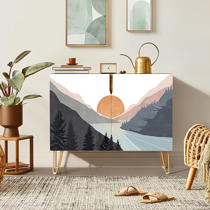 SIGNWIN Sideboard Buffet Cabinet, Kitchen Storage Cabinet with 2 Doors, Sunset Mountain Forest Lake, Cupboard Console Table for Dining Room - 35" L x 18" W x 29" H