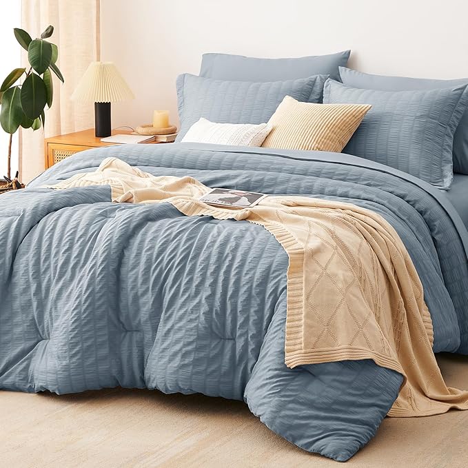 CozyLux Grayish Blue King Size Comforter Set Seersucker 7 Pieces Dusty Blue Bed in a Bag King Comforter Set with Sheets, Luxury Bedding Set with Down Alternative Comforter, Sheets, Pillowcases & Shams