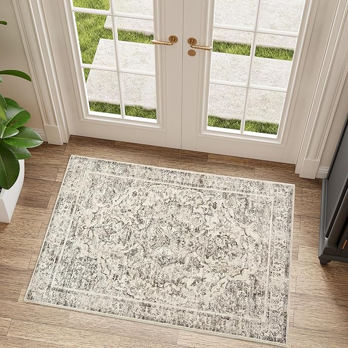 Topllen Entryway Rug - 2'x3' Boho Soft Low Pile Washable Area Rug, Non-Slip Small Rugs Indoor for Front Door Entrance Kitchen Bathroom, Vintage Carpet Stain Resistance (Black, 2x3ft)