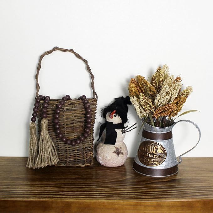 CVHOMEDECO. Wood Beads Garland with Tassels Farmhouse Rustic Wooden Prayer Bead String Wall Hanging Accent for Home Festival Decor. Brown Distressed