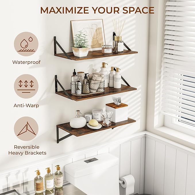 Heimlove 24" W x 12" D Wall Shelves for Books, 12 Inch Deep Floating Shelves Set of 3, Wide Floating Bookshelf with Metal Bracket for Living Room, Kitchen, Office, Bedroom and Decor - Rustic Brown