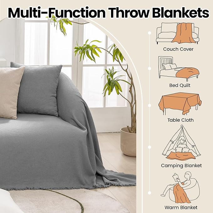 Couch Cover with Tassel for 3 Cushion Couch Washable Stain-Resistant, Pet-Friendly Sofa Cover for L Shaped, Thick Soft Chenille Protector Sofa Slipcover for Dogs & Kids, Grey 71"x 118"