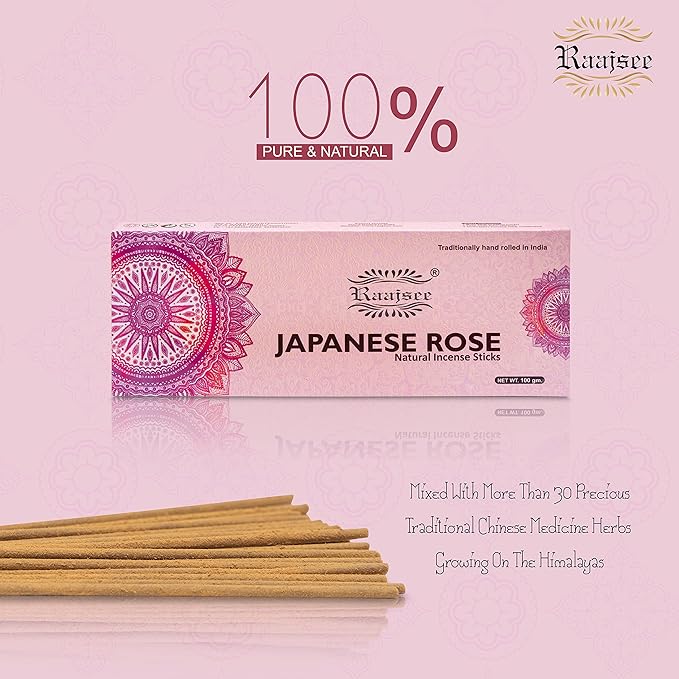 Raajsee Japanese Rose Incense Sticks 100 Gm Pack-100% Pure Organic Natural Hand Rolled Free from Chemicals-for Church,Aromatherapy,Relaxation,Meditation & Sensual Therapy