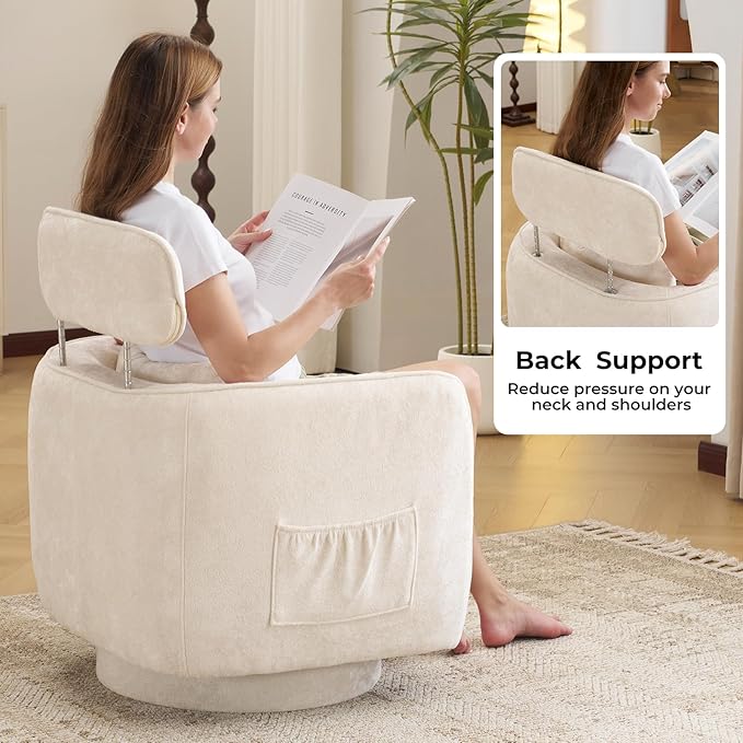 Modern 360°Swivel Accent Chair Set of 2 with Adjustable Headrest, Round Swivel Barrel Chairs with Lumbar Pillow, Vanity Chair for Makeup, Comfy Living Room Armchair for Living Room, Bedroom, Beige