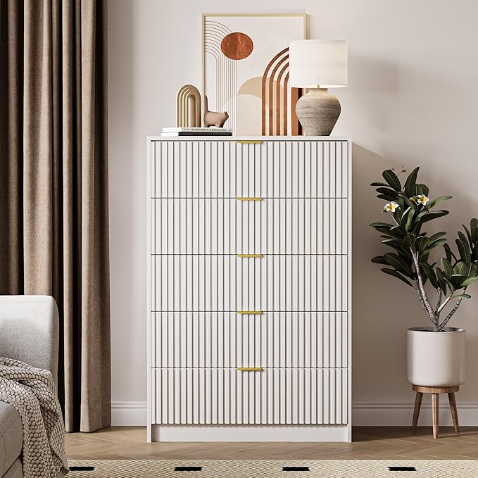 5 Drawer Dresser for Bedroom, Tall Dresser Chest of Drawers with Gold Handles, 32 Inch Wide Nightstand with for Bedroom, Living Rooms, Offices, and Entryways, White