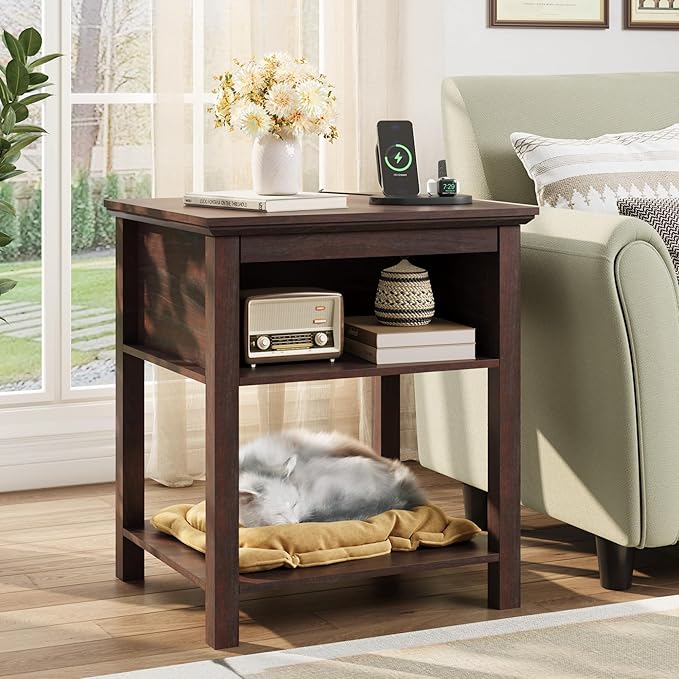 Rresyet Sliding Side Table with Charging Station & 2-Tier Storage,Farmhouse End Table, Wooden Nightstand for Bedroom & Living Room,Cherry