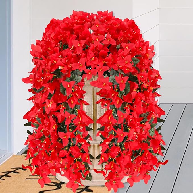 Artificial Bougainvillea Flowers for Outdoor Plant,2 pcs Faux Hanging Flowers Bougainvillea for Outside Decoration,Fake Silk UV Resistant Vines for Front Door Porch(Red)