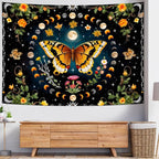 Delur Butterfly Moon Flower Tapestry Botanical Floral Plant Boho Tapestry Wall Hanging Mandala Aesthetic Mushroom Retro Vintage Headboard for Bedroom Living Room Home Decor (51.2" x 59.1")