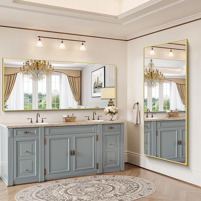 YIROMAN Bathroom Mirror 72"x30", Large Brushed Gold Bathroom Mirror for Over Sink with Aluminum Frame, Rectangular Vanity Mirror with Right Angle, Wall Mirror Hangs Horizontal or Vertical