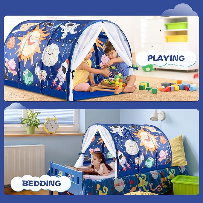 Bed Tent for Kids with LED Strip Lights Toddler Bed Tent Foldable Game House for Children Play Tents for Girls Boys Sleeping Canopy Playhouse (Dark Blue - Space)