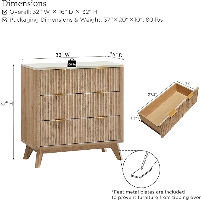 T4TREAM Fluted 3 Drawer Dresser, 32" Tall Modern Chest of Drawers with Faux Marble Top, Curved Profile Design, Wood Drawer Organizer for Bedroom, Living Room, Hallway, Entryway, Natural Oak