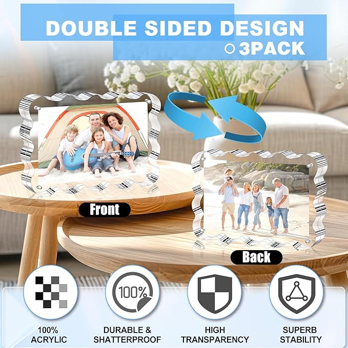 Aheroi Acrylic Picture Frames, 3 Pack 4x6 Clear Scalloped Photo Frame Freestanding Magnetic Double Sided Picture Frames, Transparent Thickened Frameless Acrylic Desktop Frame, No Instal