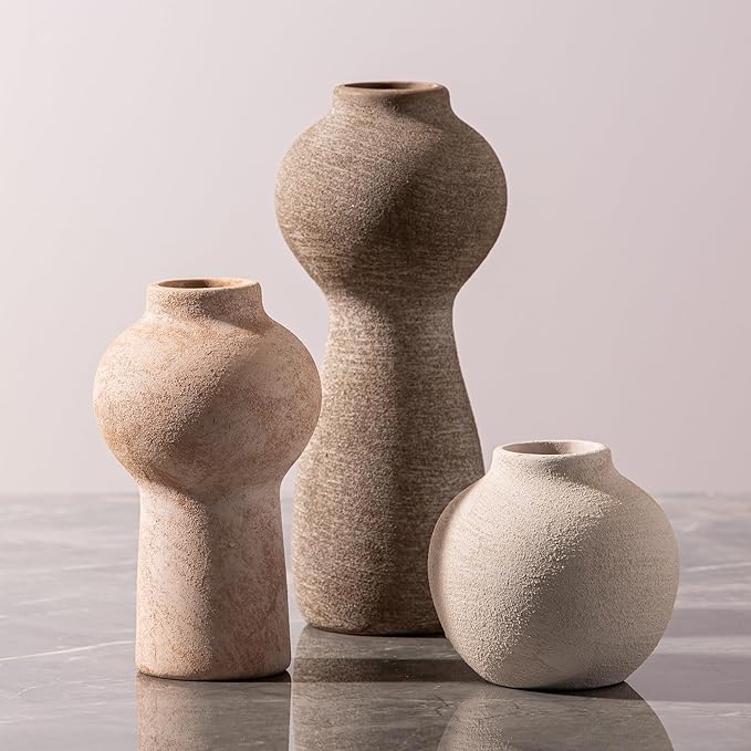 Ceramic Vase Home Table Decor - Flower Vase Set of 3 Living Room Kitchen Decorations Farmhouse Modern Rustic Vases Decorative Centerpiece for Shelf Bedroom Office Bathroom Dining Coffee Desk