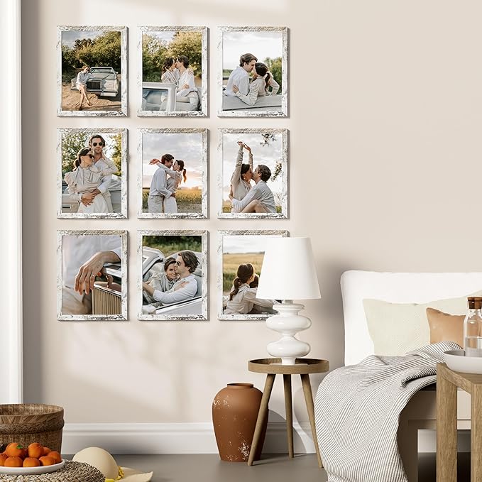 Vittanly 9x12 Picture Frames Set of 9, Shatter Resistant Plexiglass, Display 6x8 Pictures with Mat or 9x12 without Mat, Photo Frames for Wall or Tabletop, Engineered Wood, Distressed White