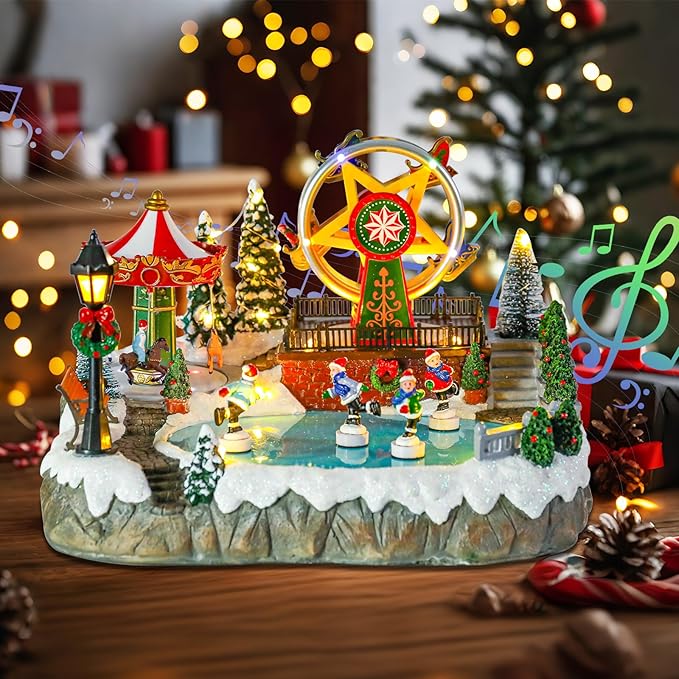 Bdor Christmas Village Lighted Decoration with Carousel, Ferris Wheel, Skaters | 11.4 x 10.4 x 7.7 Inches Animated Holiday Scene with Music & LED Lights for Indoor Home Décor