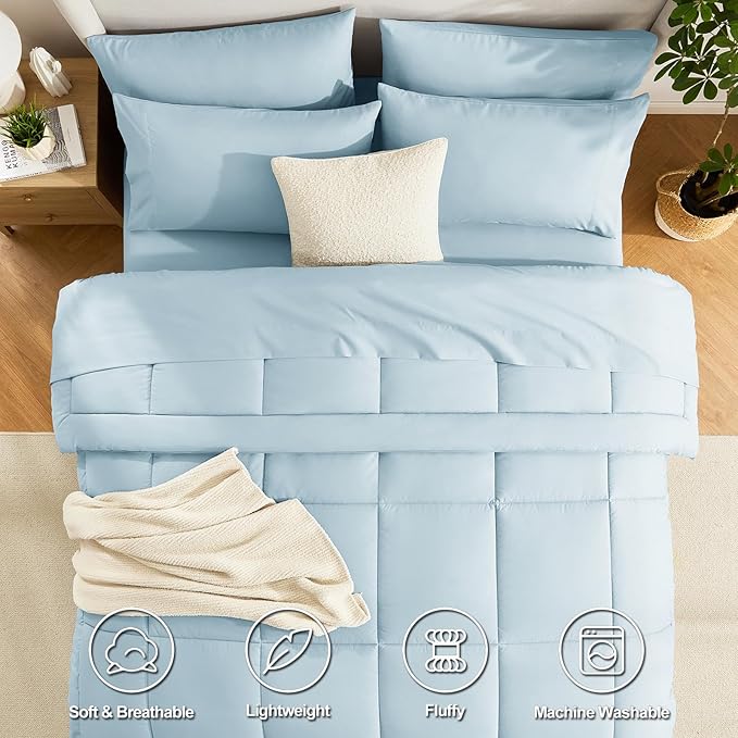 CozyLux Queen Comforter Set Light Blue, 7 Pieces Bed in a Bag, Blue Comforter Queen Size, All Season Bedding Sets with Stitch Quilted Comforter, Flat Sheet, Fitted Sheet, Pillowcases