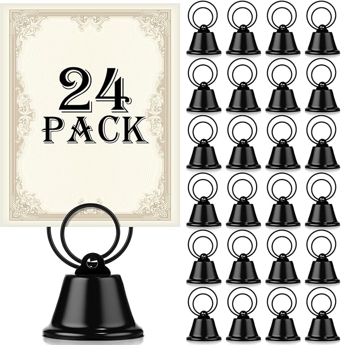 24 Pcs Table Number Holders Place Card Holders for Table 2 Inch Ring Clip Bell Number Holder Metal Picture Holder for Wedding Christmas Restaurant Home Photo Office Memo(Black,Ring)