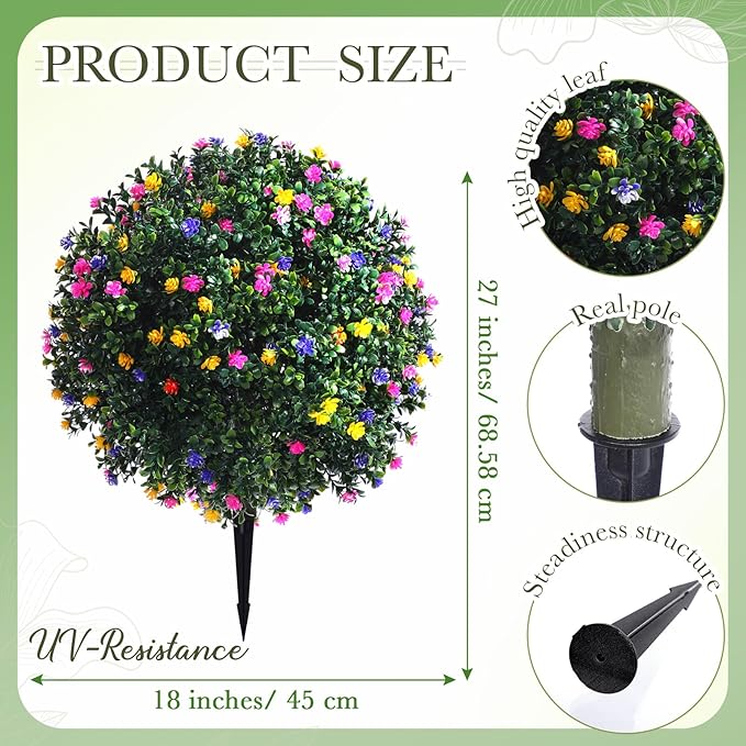 Yunlly Set of 2 Artificial Boxwood Topiary Ball Tree Fake Bushes Shrubs Outdoor Faux Plant with Ground Spike Flowers UV Resistance Greenery for Front Porch Garden Patio Indoor(Multicolor,27x18inch)