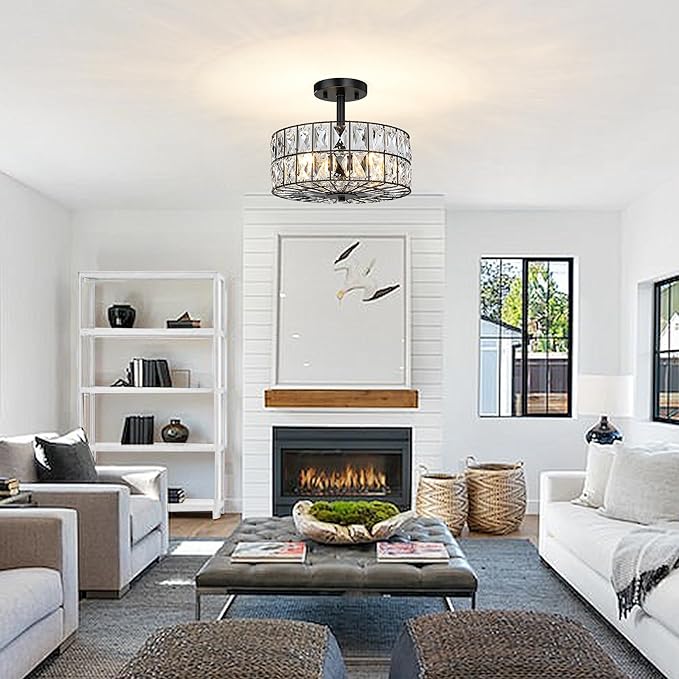 Modern Crystal Pendant Light Fixture Farmhouse Round Semi Flush Mount Ceiling Lights, Drum Shade 3LT Ceiling Lamp for Kitchen Island Dinning Room Bedroom, Hallway Black Finish