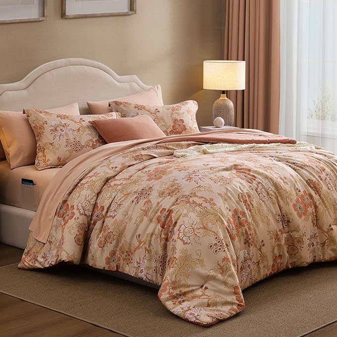 King Comforter Set -7 Pieces Terrecotta Floral Comforter Set for All Seasons, Bed in a Bag King with Botanical Flowers Comforter, Sheets, Pillowcases & Shams
