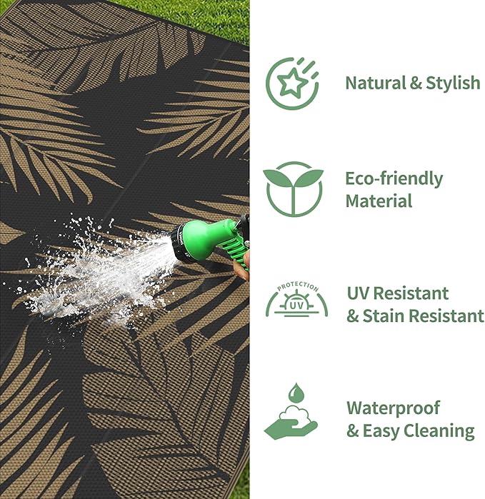 GENIMO Outdoor Rug 3' x 5' Waterproof for Patios Clearance, Reversible Outdoor Plastic Straw Camping Rug Carpet, Large Area Rugs Mats for RV, Camper, Deck, Balcony, Porch, Beach, Picnic, Black&Brown