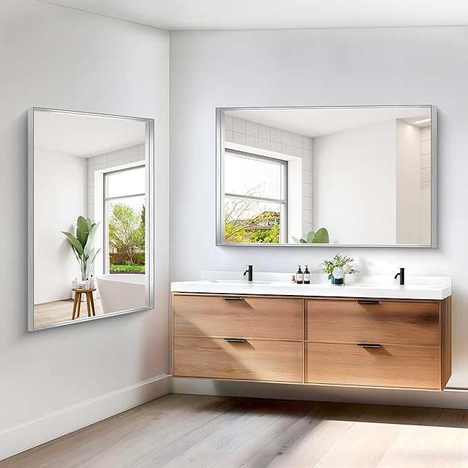 Silver Bathroom Mirror, 36x55 Inch Rectangular Deep Frame Mirror, Large Wall Mounted Bathroom Vanity Mirror Over Sink for Bedroom,Restroom, Living Room, Hangs Vertically or Horizontally