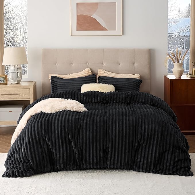 Bedsure Fluffy Duvet Cover Set - Ultra Soft Plush Shaggy Comforter Cover Queen Size, Warm Flannel Fleece Bed Sets for Winter, 3 Pieces (Striped Pattern, Black)