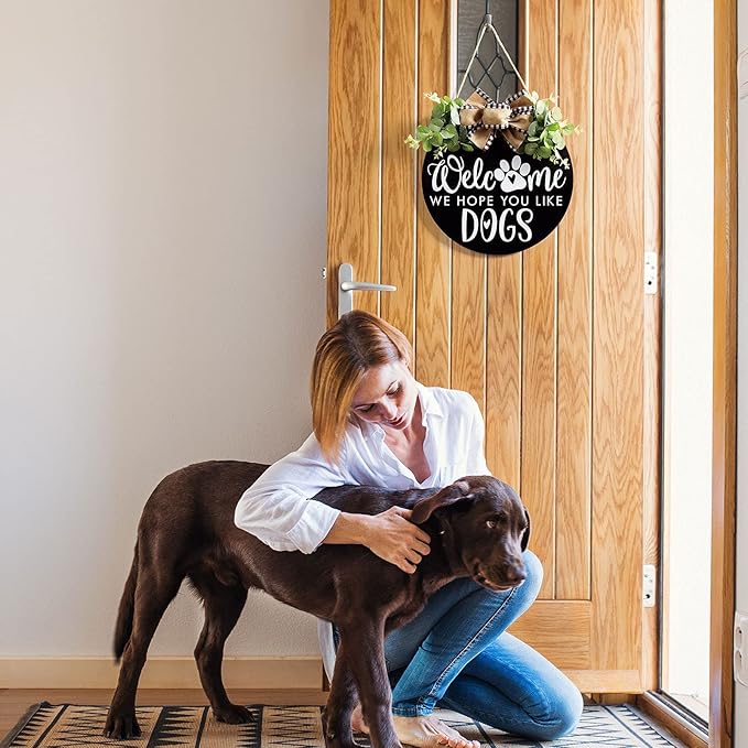 Welcome We Hope You Like Dogs Farmhouse Door Sign for Front Door Porch Decor with Eucalyptus Leaves & Buffalo Bow - Welcome Wreath Sign Hanging for Dogs Lovers Spring Summer Decor Housewarming Gift