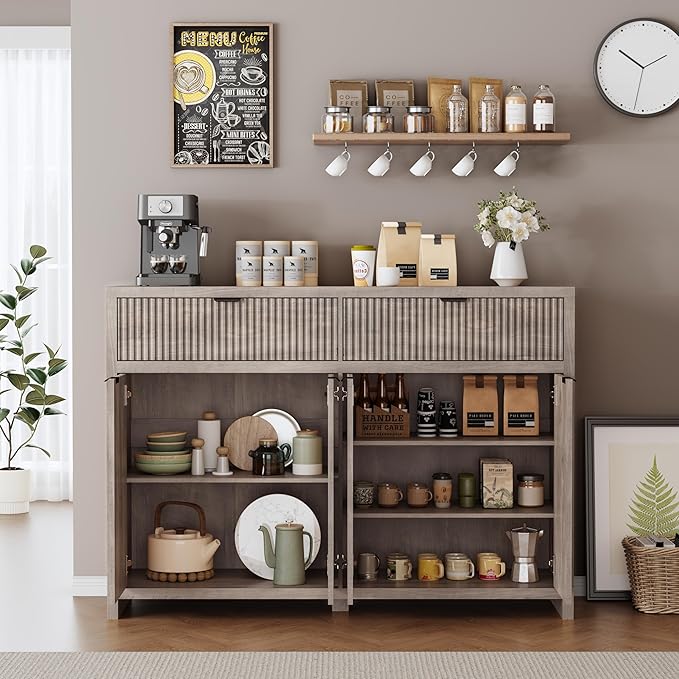 Fluted Sideboard Buffet Cabinet with Storage Drawers, 55" Large Accent Storage Cabinet with Doors and Adjustable Shelf, Modern Farmhouse Credenza for Entryway, Kitchen, Living Room - Gray