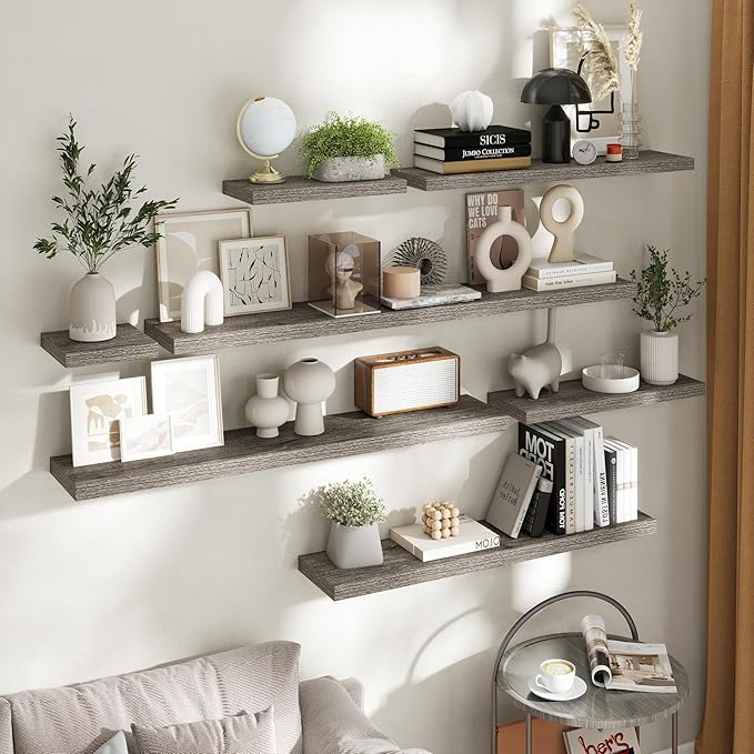 36 Inch Floating Shelves for Wall Set of 2, 8"D Wood Grain Bathroom Shelves with Invisible Brackets, Easy Install Engineered Wood Storage Shelves for Kitchen, Living Room, Bedroom, Grey Oak Finish