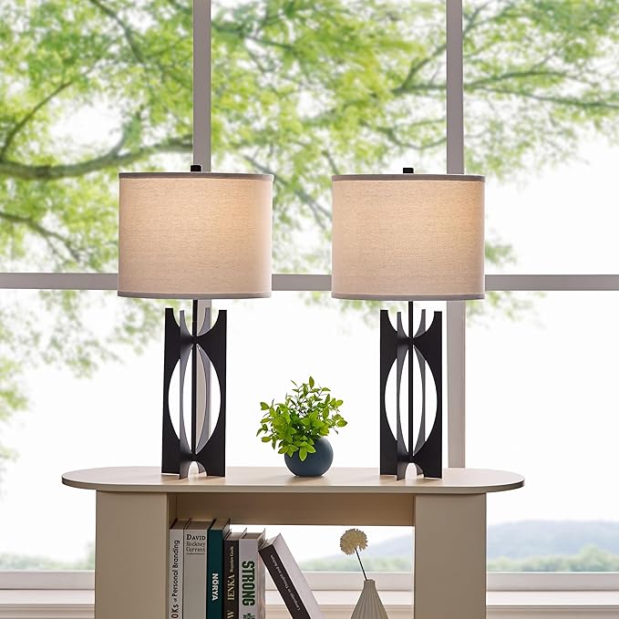 Industrial Table Lamps Set of 2 Black 26” 3-Way Bedside Lamp with White Linen Shade Metal Nightstand Lamp for Living Room Bedroom Dining Room End Table(JC-5-2PK-BK)