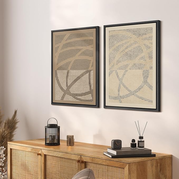 SIGNFORD Framed Canvas Print Wall Art Set Geometric Dot Patterns Earthy Beige and Brown Contrast Illustration Modern Art Decorative Nordic Nature for Living Room, Bedroom, Office - 16"x24"x2 Black