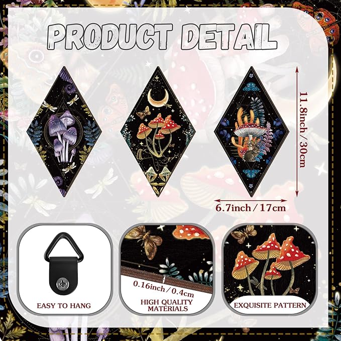 Sintuff 6 Pieces Halloween Gothic Wall Decor Boho Sun Moon Phases Wall Art Gothic Minimalist Stars Sun Hanging Wooden Home Decor Farmhouse Pediments for Gallery Living Bedroom Room(Mushroom)