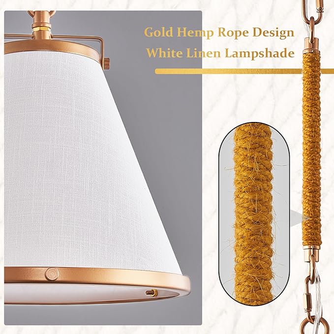 3-Pack Vintage Brass Kitchen Pendant Lighting Over Island White Linen Pendant Light 10in Copper Pendant Lighting with Hemp Rope Rod Entryway Ceiling Hanging Light for Dining Room