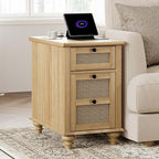 WAMPAT Farmhouse End Table with Charging Station, Rattan Side Table with Drawer & Storage Cabinet, Wooden Oak Nightstand with Power Outlets & USB Ports for Living Room, Bedroom, Burlywood