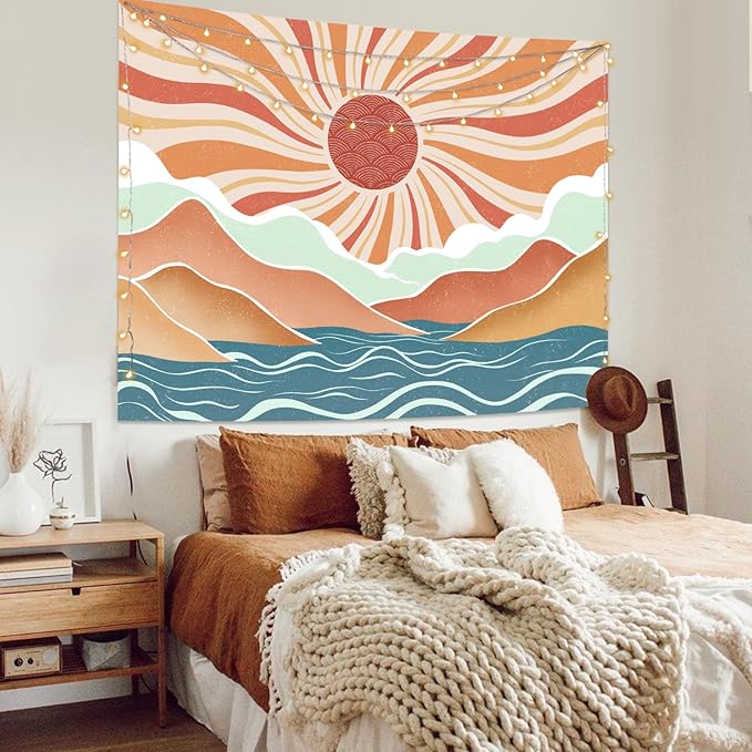 Lunerfex Boho Sun Tapestry Sunset Wall Tapestry, Mountain Tapestries for Bedroom 80s Tapestries Wall Hanging for Bedroom Living Room Decor Boho-2 60"x80"
