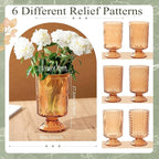 6 Pcs (H:7" W:4") Embossed Flower Vase Fall Pedestal Glass Vase Big Base Thickened Crystal Vintage Vases for Autumn Wedding Home Decor Table Centerpiece House Warming Gifts(Amber)