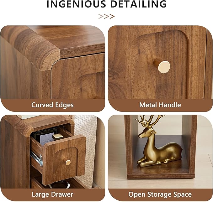 Small Nightstand Set of 2, Wooden Narrow Nightstands with 2 Drawers, Vintage Side End Table for Small Spaces, Skinny Night Stand, Bedside Table for Bedroom, Living Room (Walnut-2PCS)