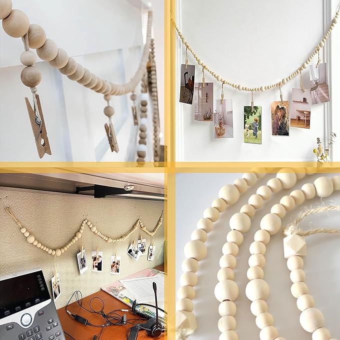 6 Feet Wooden Beads Garland with Clothespins Picture Cards Holder - Country Farmhouse Christmas Nursery Boho Holiday Decorations with Clips