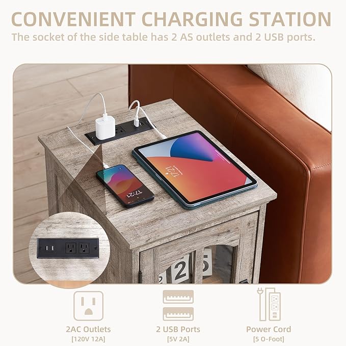 Farmhouse End Table Set of 2 with Charging Station, 18'' Narrow Side Table and 24" Large Sofa Table with Glass Barn Door Storage, Wood Night Stand Bedside Cabinet for Living Room,Bedroom