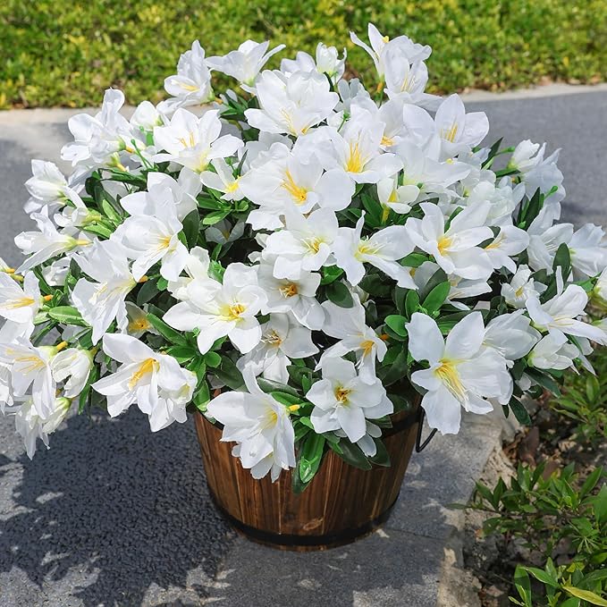 Artificial Flowers for Outdoors, 3 Bundles Fake Silk Azalea Bouquet Faux Flower Plants Outside Decoration UV Resistant Realistic Fake Flowers for Planter Front Door Patio Garden Walkways Home, White