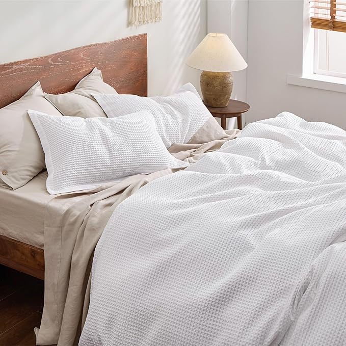 Bedsure Cotton Duvet Cover King - 100% Cotton Waffle Weave Bright White Duvet Cover King Size, GentleSoft™ and Breathable Bedding Set for All Season, 3 Pieces, 104"x90"