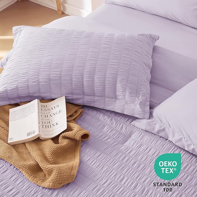 MUXHOMO 7 Pieces Full Comforter Set, Seersucker Bed in a Bag Full Size, All Season Luxury Bedding Set with Comforter, Flat Sheet, Fitted Sheet, Pillowcases & Shams, Lavender