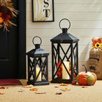 Glitzhome Modern Farmhouse Wooden Lantern Hanging Decorative Candle Lantern for Outdoor & Indoor Black Set of 2 (No Glass)