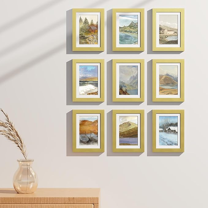 Vittanly 5x7 Picture Frames Set of 9, Shatter Resistant Plexiglass, Display 4x6 Pictures with Mat or 5x7 without Mat, Photo Frames for Wall or Tabletop, Engineered Wood, Gold